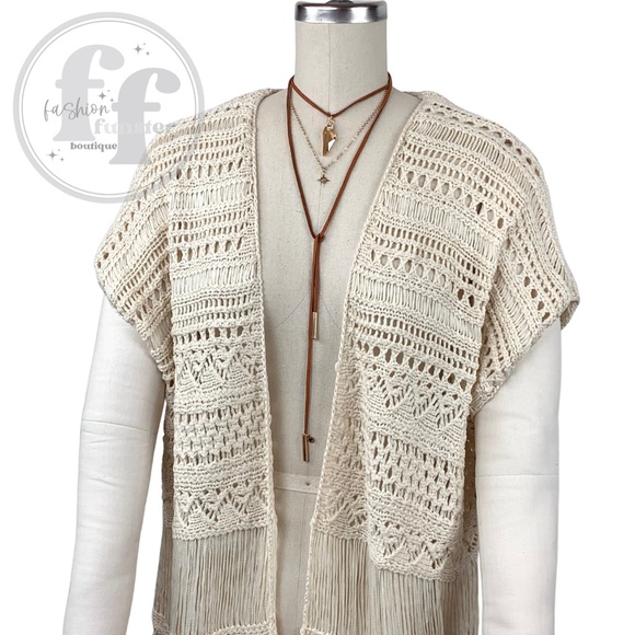 Crochet Knit Fringe Open Front Kimono Cardigan Sweater Shawl Duster Vest Topper - Picture 3 of 11